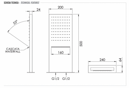 Верхний душ настенный 50x20 см Remer 350SSCANOX, черный матовый