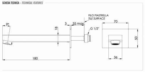 Излив настенный 18 см Remer Qubika 91QNO, черный матовый