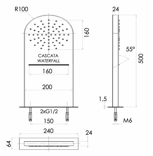 Верхний душ настенный 50x20 см Remer 350MMCANOX, черный матовый