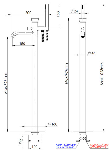 Смеситель для ванны Remer Element ET08BG, золото брашированное