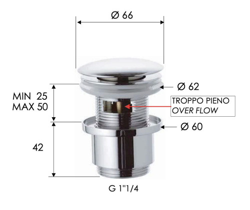 Донный клапан с переливом 1”1/4 Remer 905CC2114XV, сталь